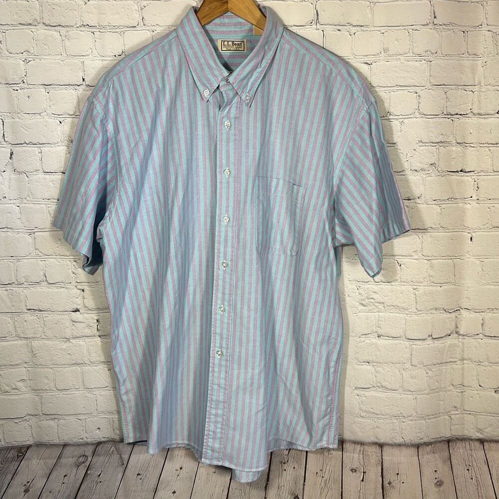 LL Bean Purple Blue Striped Button Down Shirt size XL Short Sleeve